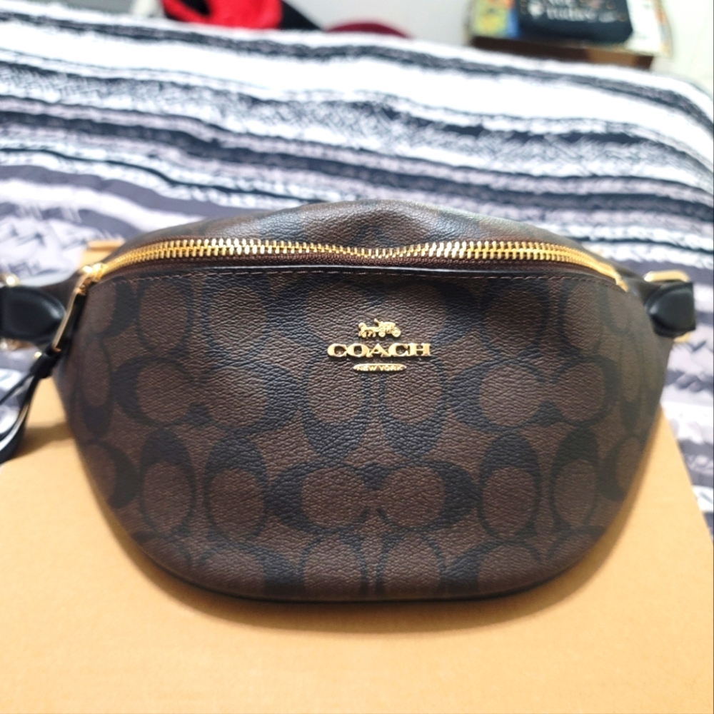 NWT COACH Signature Logo Canvas Charter Belt Bag Brown Unisex